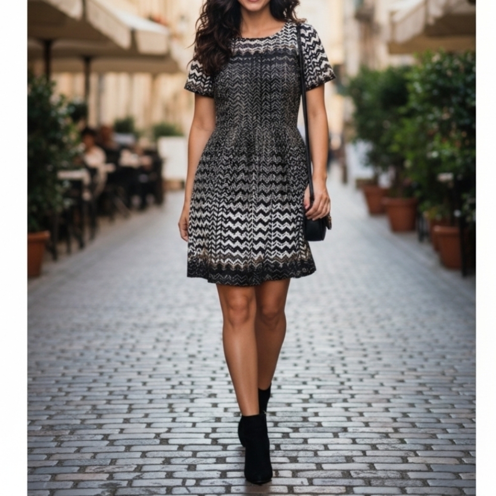 Madewell Songbird‎ Chevron Brown Linen Cotton Lined Dress Size 4 Fit And Flare